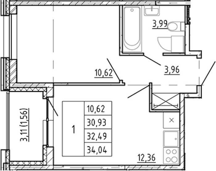 1-комнатная квартира 30.93 м², 4/12 эт., ЖК «Полис Новоселье»